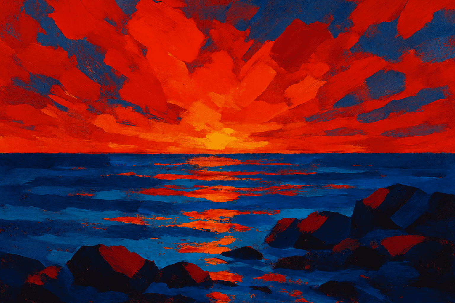 A abstract painting with bold red and blue shapes