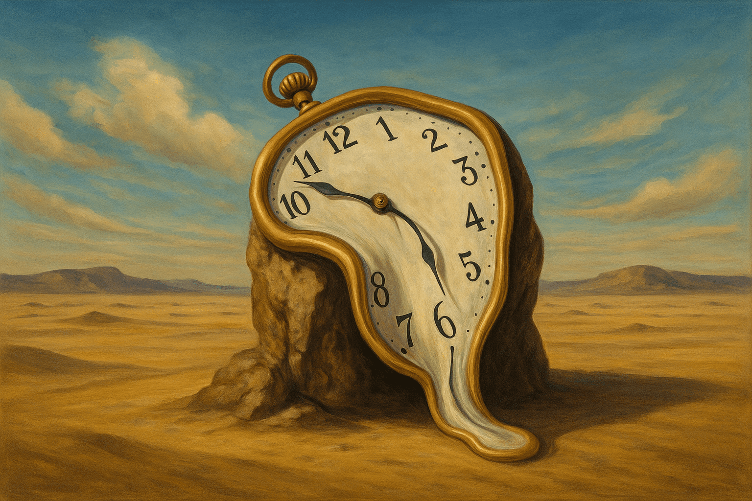 A desert with a gigantic clock melting over a rock inspired by surrealism