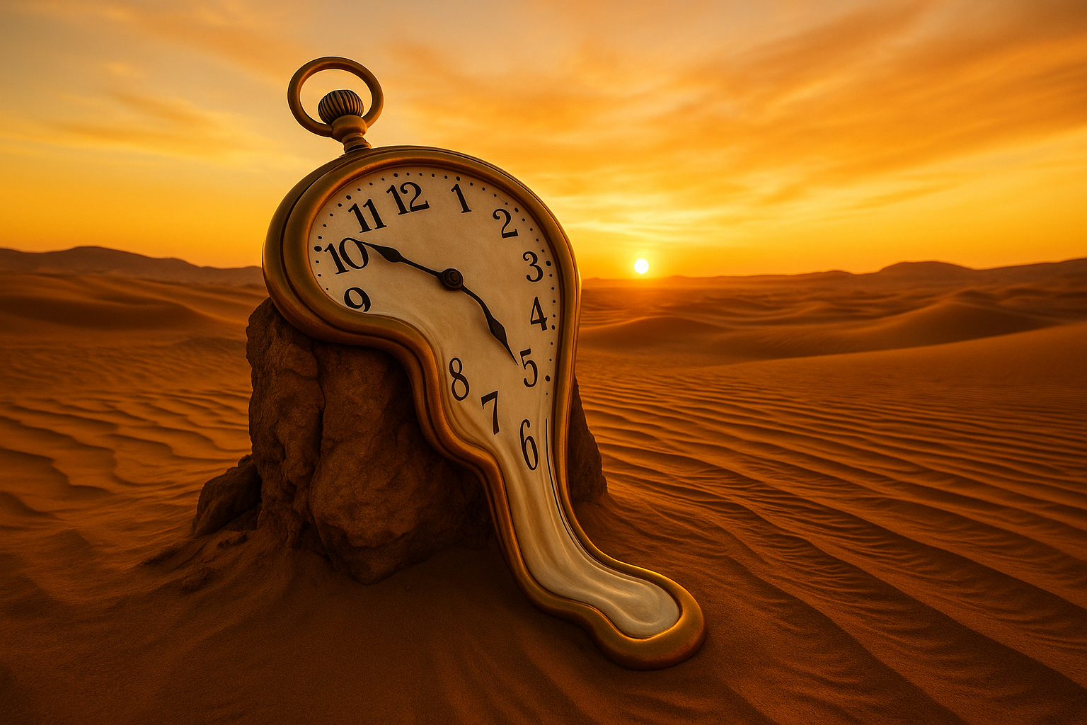 A photorealistic image of a desert with a melting clock
