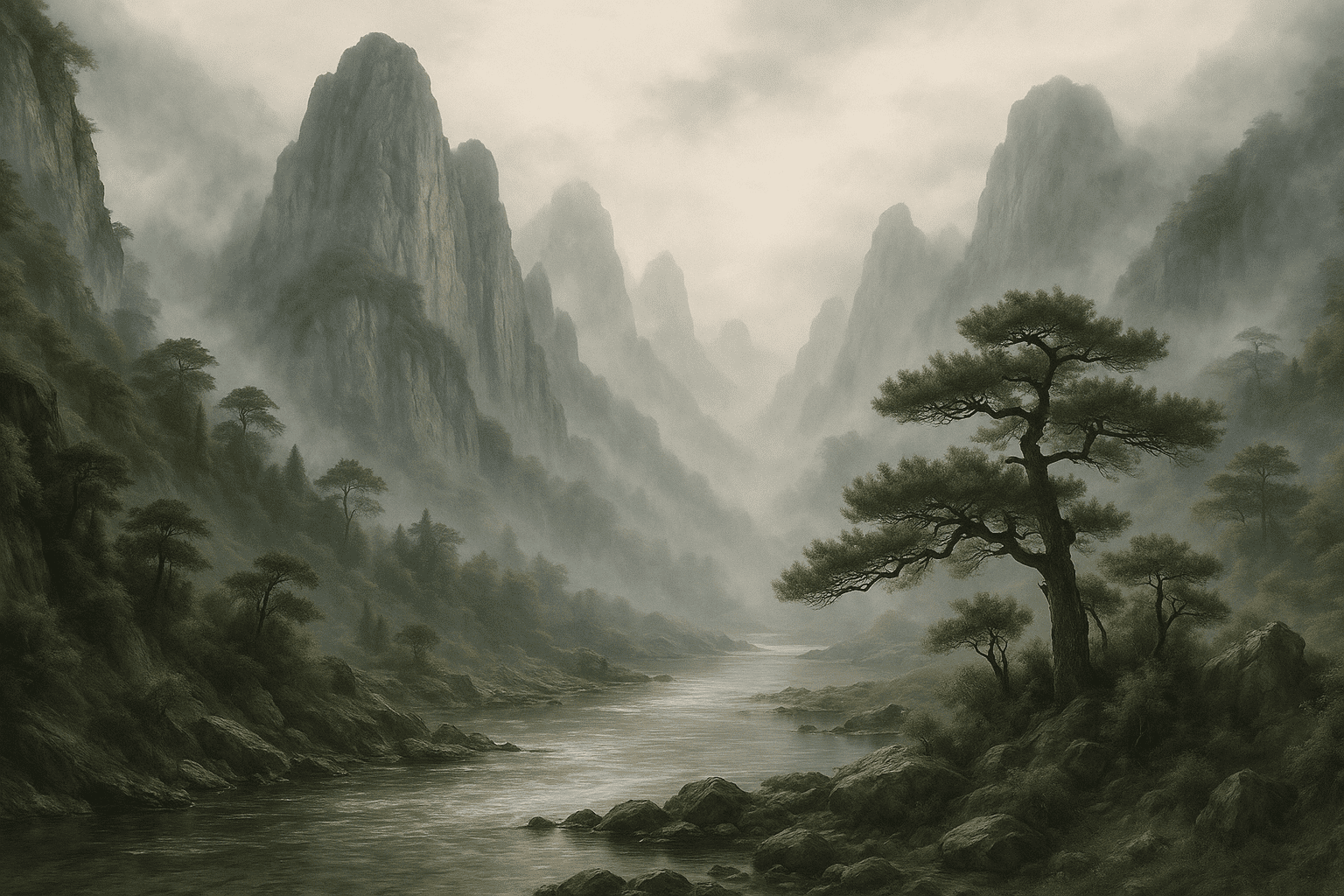 A photorealistic landscape inspired by a Chinese ink painting misty mountains with pine trees and a river