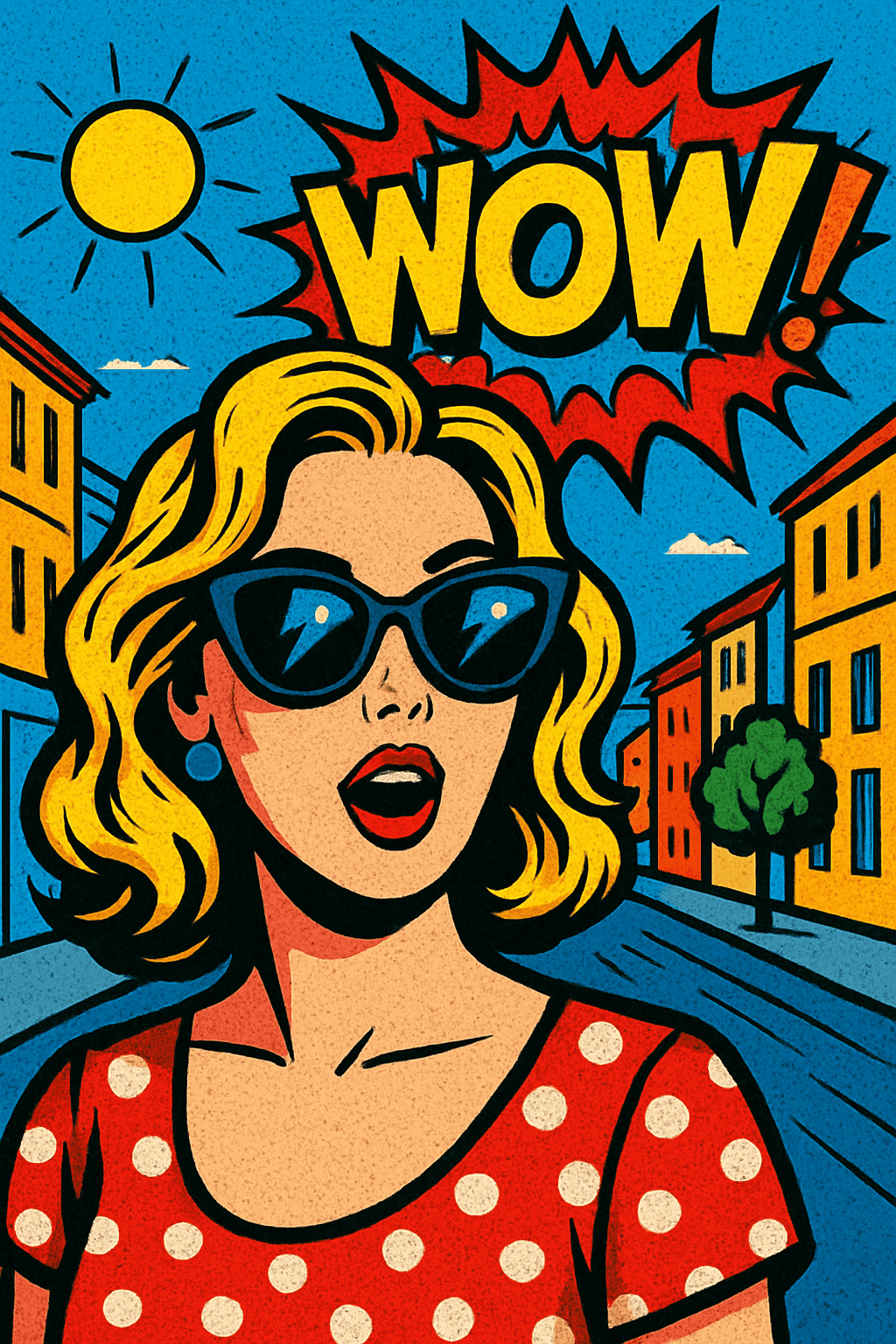 A pop art image of a woman with sunglasses