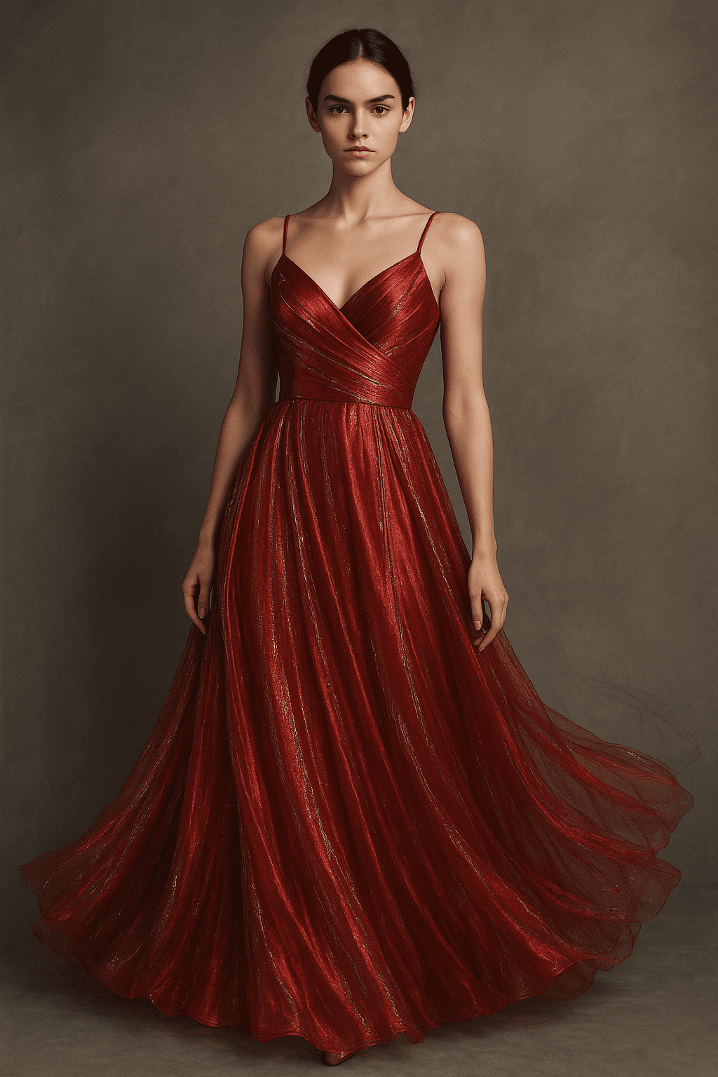 A realistic photo of a female model wearing a flowing evening gown