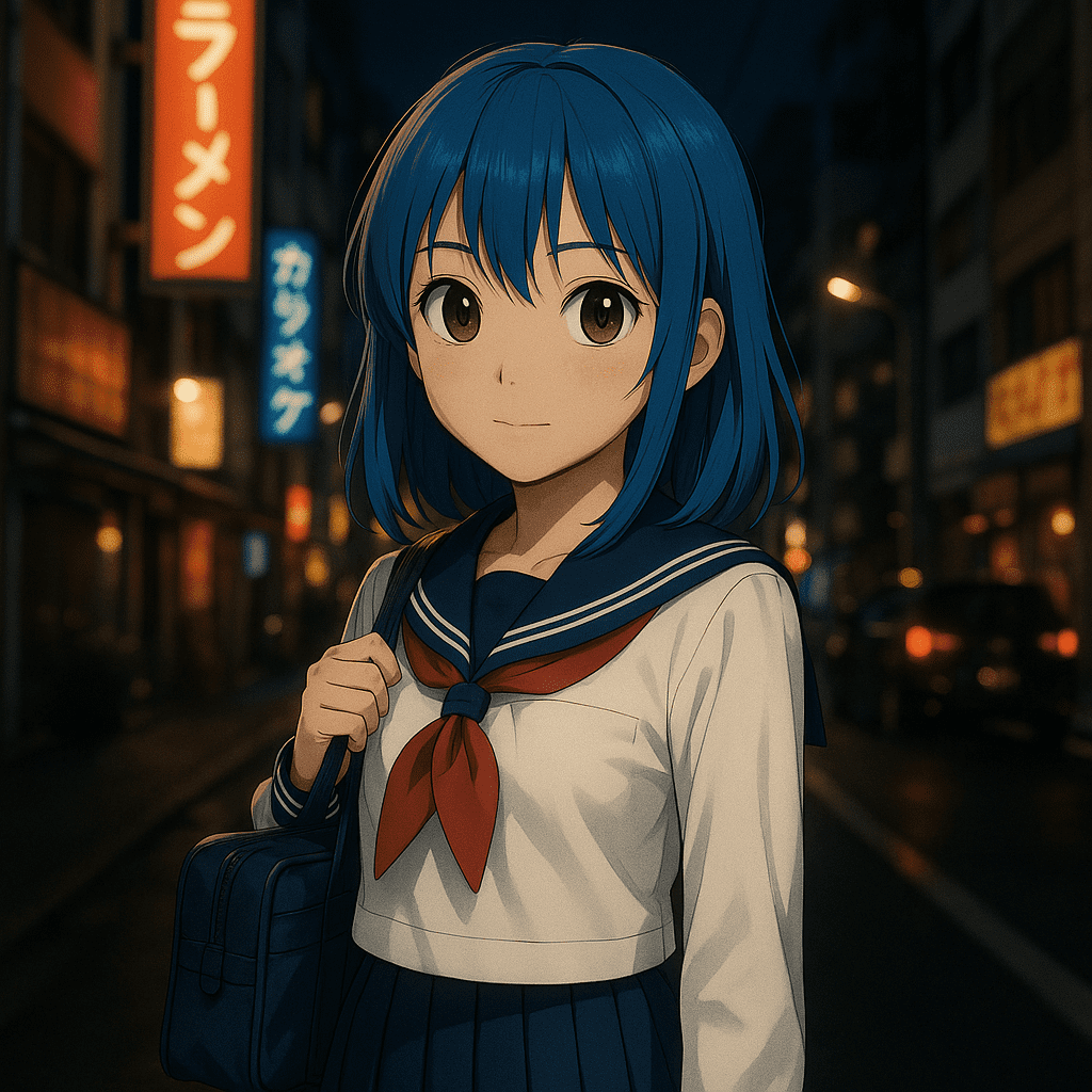 A realistic photo of an anime-style schoolgirl with blue hair and big brown eyes standing on a Tokyo street at night