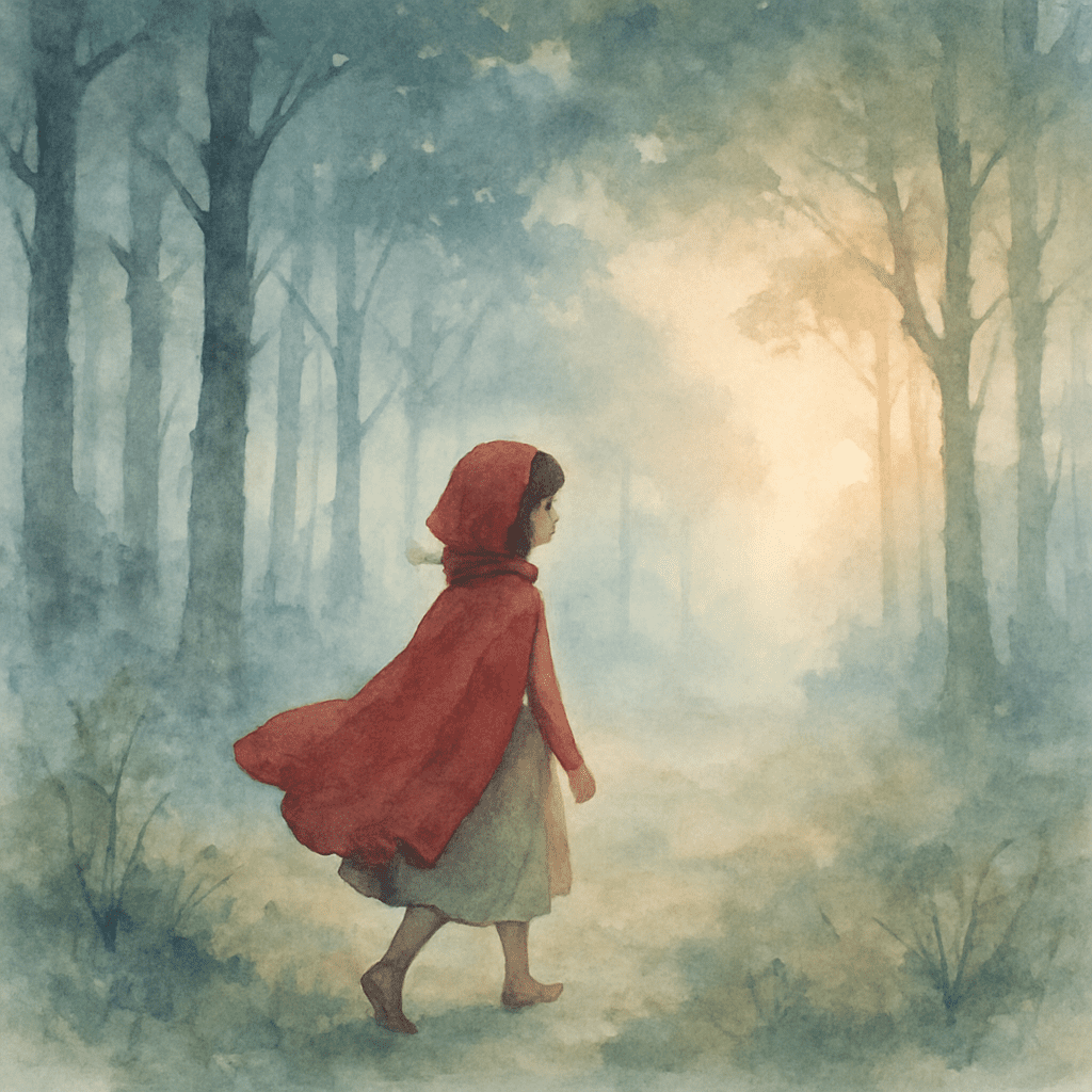A young girl with a red cloak walking through a misty forest at dawn, gentle lighting, watercolor style