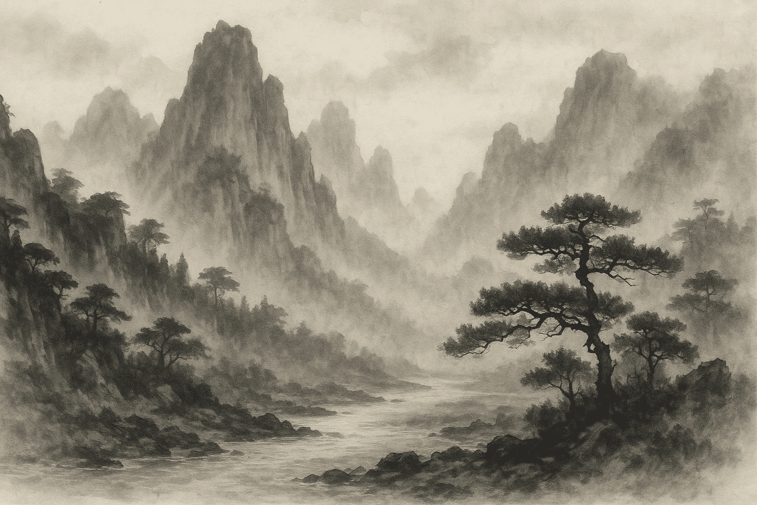 Chinese ink painting misty mountains with pine trees and a river