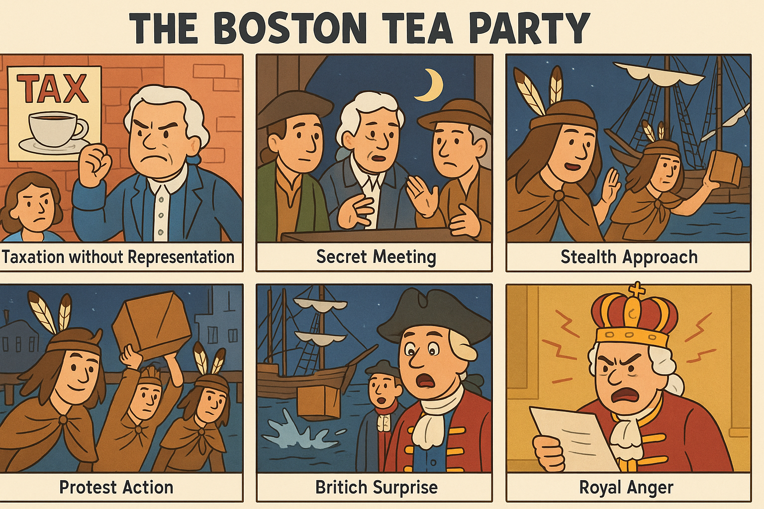 Create a 3×2 educational comic clearly explaining The Boston Tea Party for middle school students