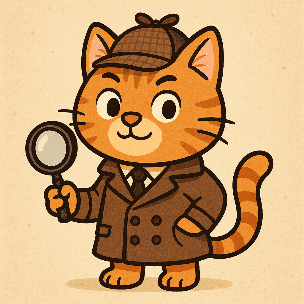 a cartoon orange tabby cat wearing detective clothes