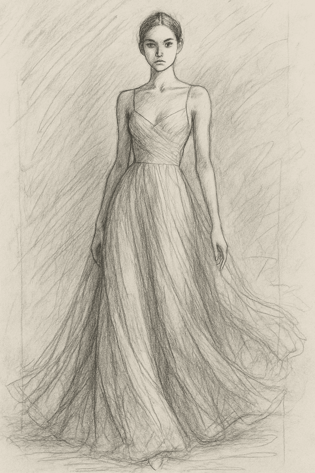 a female model wearing a flowing evening gown rough pencil sketch
