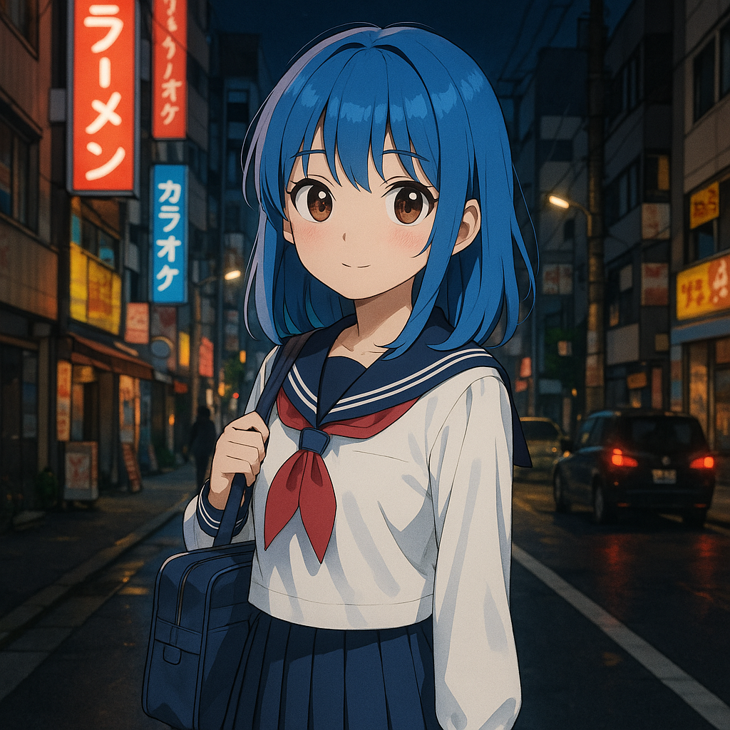 an anime-style schoolgirl with blue hair and big brown eyes standing on a Tokyo street at night