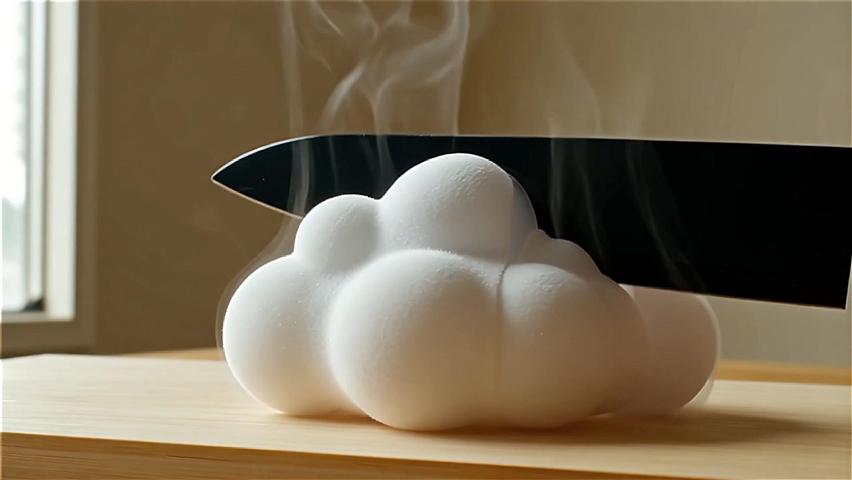 A black knife advances from right to left, cutting into a white fluffy cloud-like object placed on a light wooden cutting board. Upon contact, the cloud deforms, surface cracks, parts are severed and displaced.