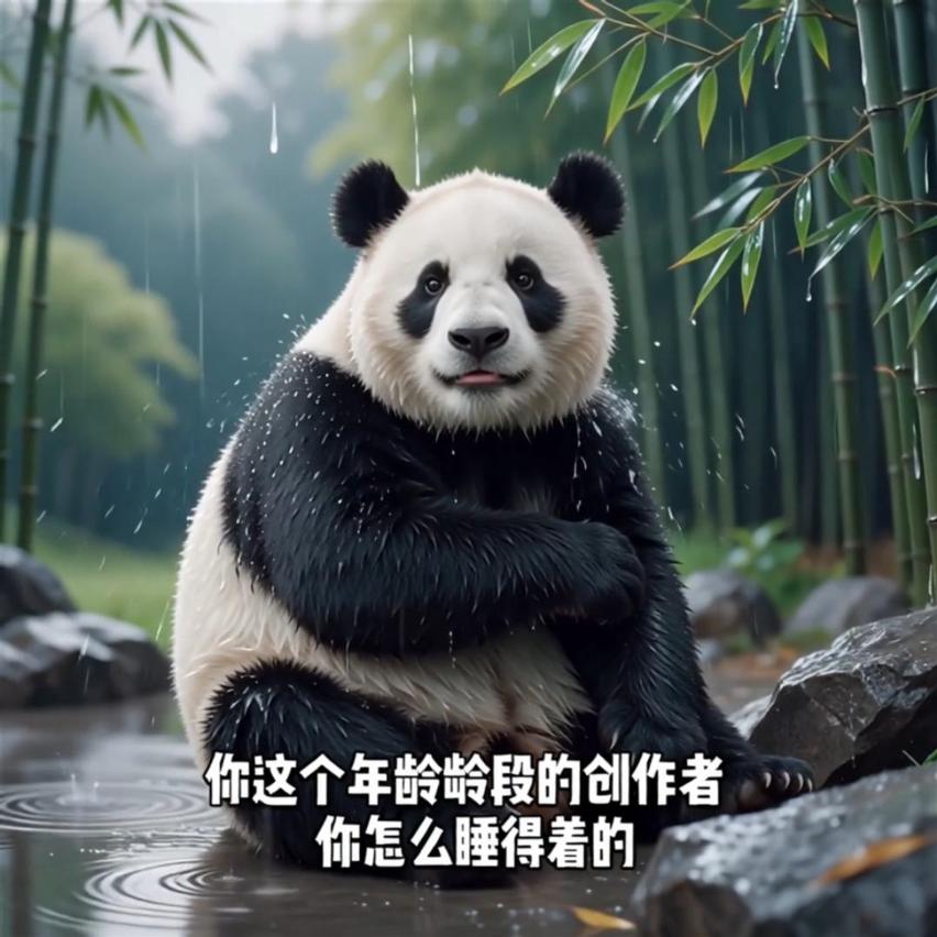 A giant panda sitting with arms crossed, head slightly turning left and right, eyes shifting accordingly, lips opening and closing, speaking. Rain continues to fall, hitting the fur and ground.