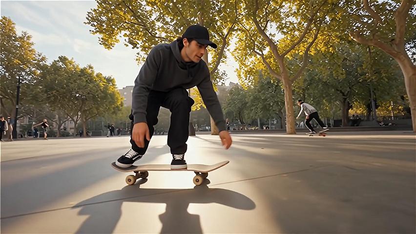 Low-angle shot, panoramic view, daylight, sunny lighting, side lighting, warm tones, center composition. A foreign man in his twenties skateboarding in a city park concrete plaza. He has a muscular build, short dark hair hidden under a black baseball cap, wearing a dark gray hoodie and black cargo pants, with black and white sneakers.