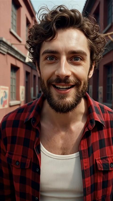 A curly-haired man stands on a Chinese retro street, wearing a plaid shirt and ripped jeans, facing the camera. In the background, a cyclist quickly passes by.